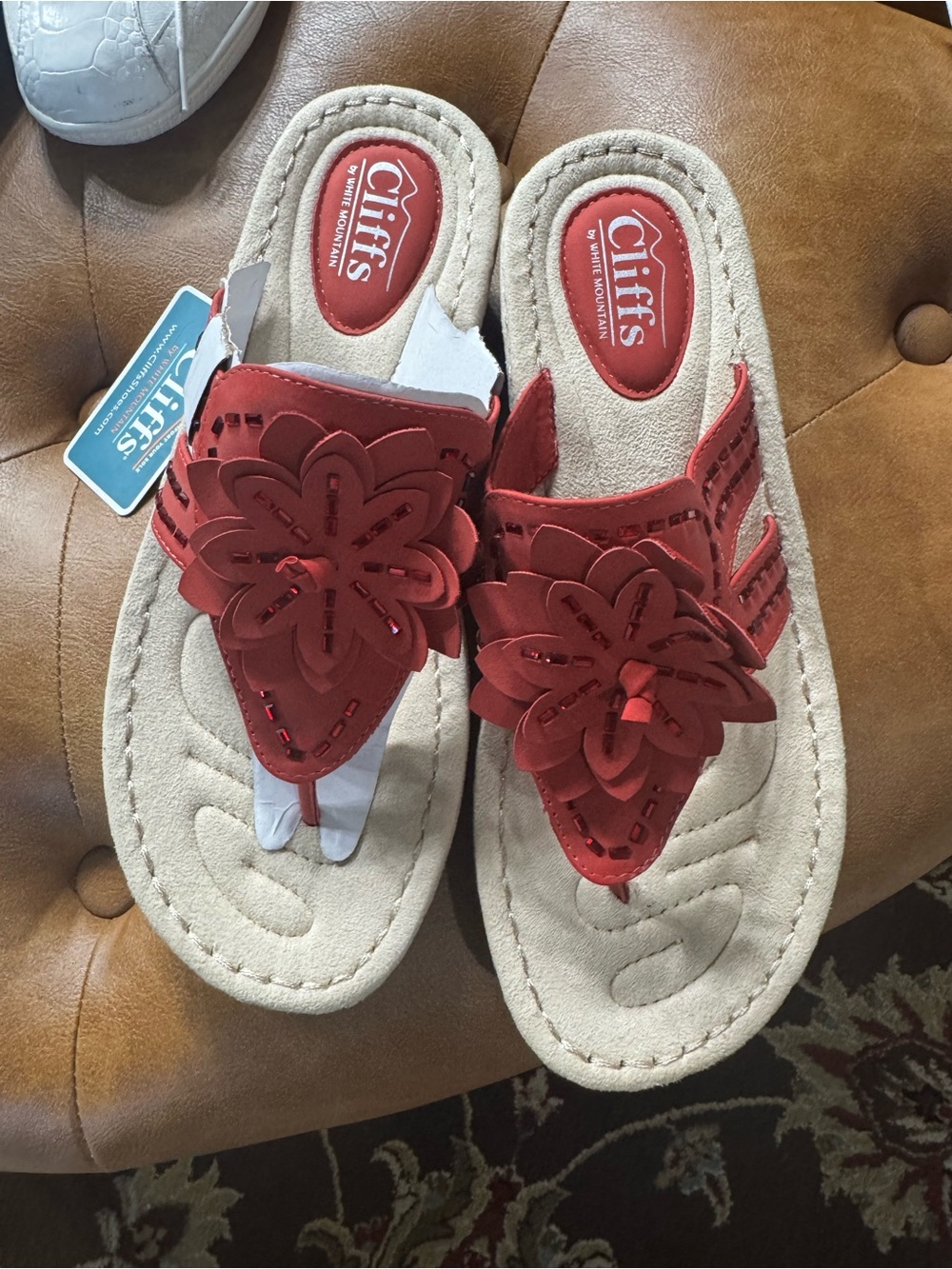 White Mountain Red Floral Thong Sandals with Decorative Petal Accent - Picture 2 of 3